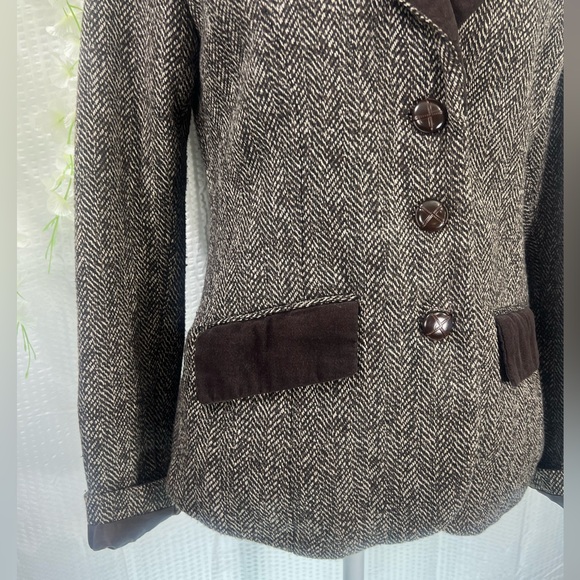 Women's Tweed Blazer Size Medium Brown Herringbone VELVETEEN Trim Dollhouse - Picture 7 of 14